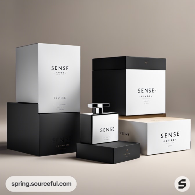 Collection of black and white boxes with 'Sense' labeled bottle.