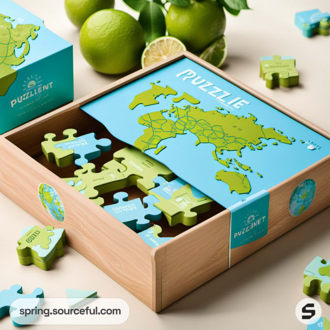 Wooden box with puzzle pieces and green-blue map design.