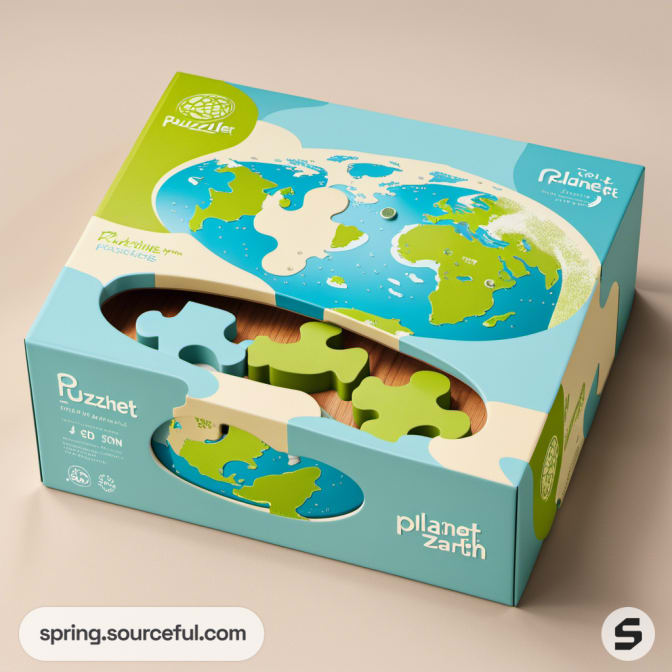 Box with globe puzzle, blue and green color scheme.