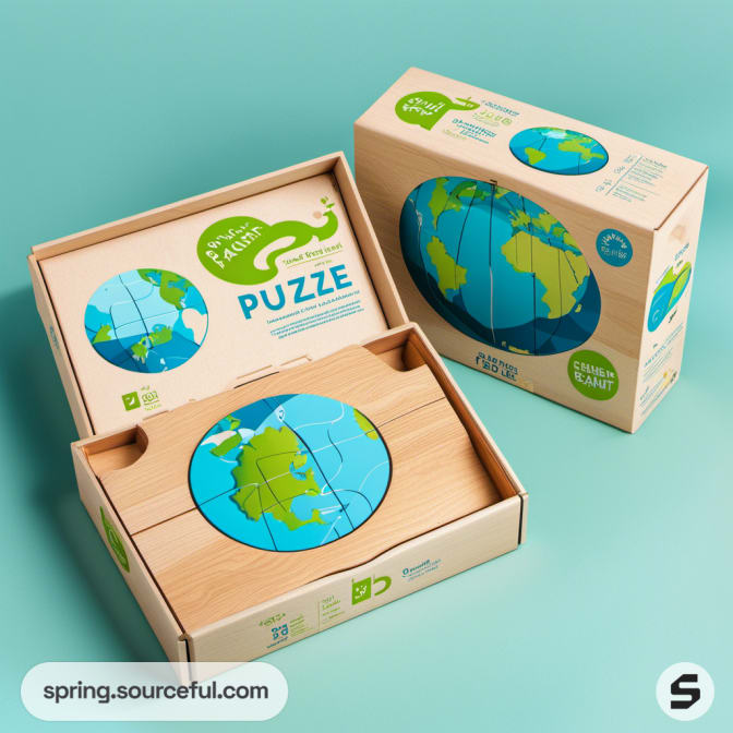 Wooden box and packaging for globe puzzle.