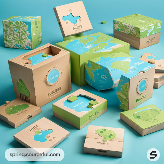 Assorted puzzles with map designs on blue background.