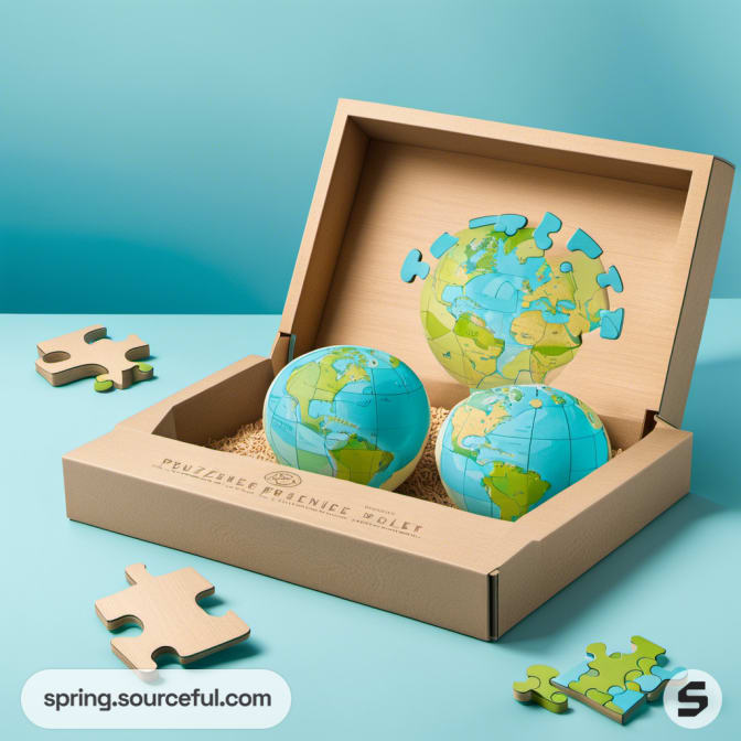 Box with globe puzzles and scattered pieces.
