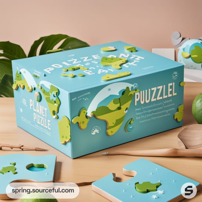 Blue box with globe-themed jigsaw puzzle.