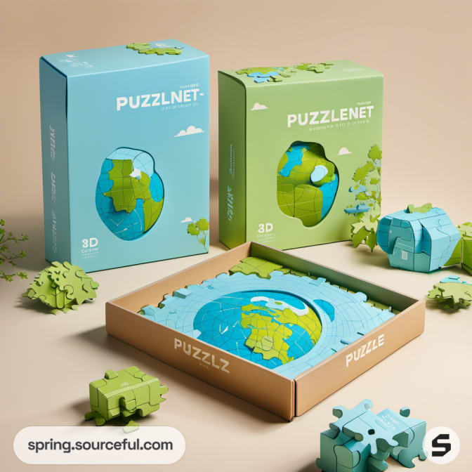 Blue and green 3D globe puzzle packaging.