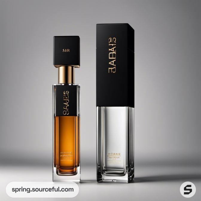 Tall glass perfume bottle with black cap and matching box.