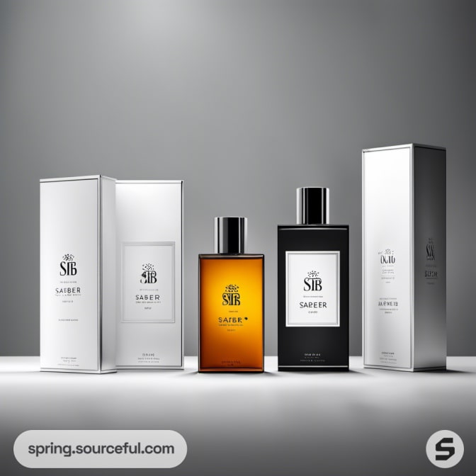 Three perfume bottles with sleek black, white, and gold design.