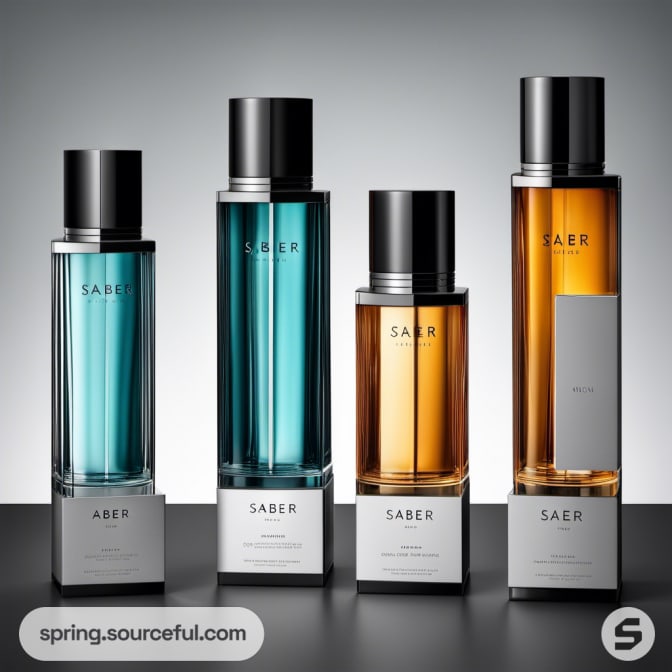 Four perfume bottles with elegant black caps and colored liquids.