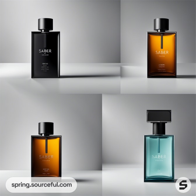 Four perfume bottles in black and amber hues on display.