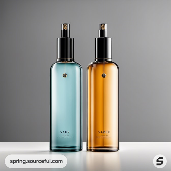 Two spray bottles with minimalist design, amber and blue.