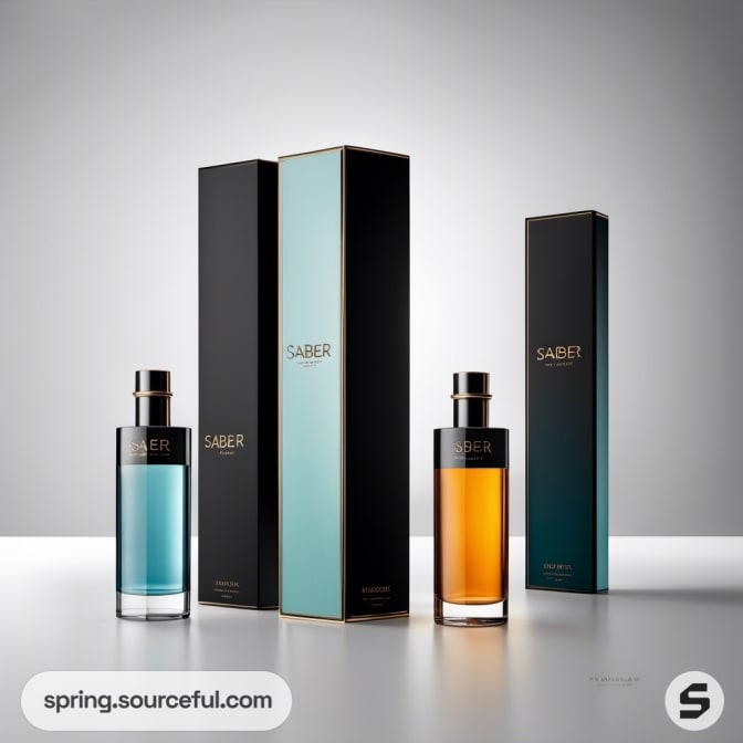 Two perfume bottles with matching tall boxes, one amber, one blue.