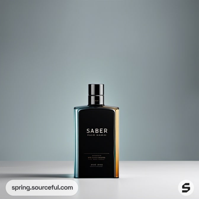 Square black perfume bottle with chrome cap on clear backdrop.