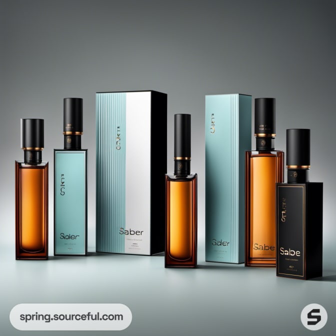 Multiple perfume bottles with turquoise boxes and amber highlights.