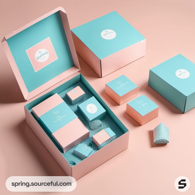 Open and closed pastel pink and blue gift boxes on a beige background.