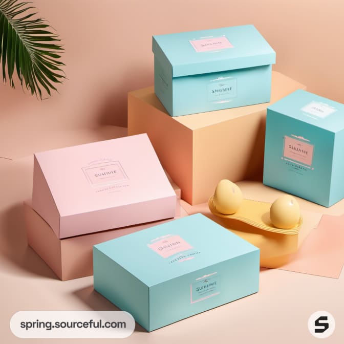 Assorted pastel packaging boxes on a beige surface with leaves.
