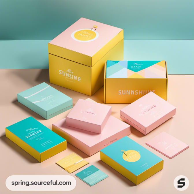 Colorful pastel mailer and gift boxes with geometric and citrus designs on a neutral background.