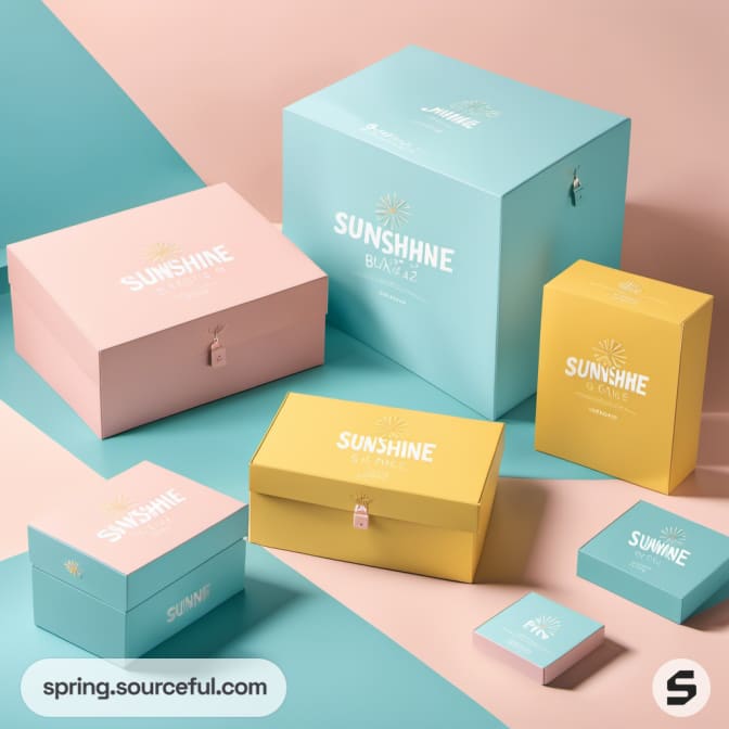 Colorful packaging boxes in pastel shades of blue, pink, and yellow with "Sunshine" branding on a flat surface.