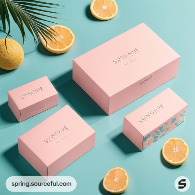 Pink packaging boxes on teal background with citrus fruits and a leaf.