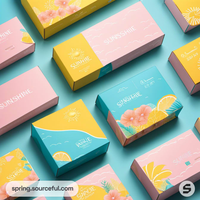 Colorful mailer boxes with floral and citrus designs on a blue background.
