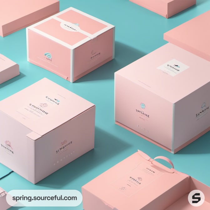 Pink gift boxes on turquoise background; various sizes, with delicate patterns and small label details.