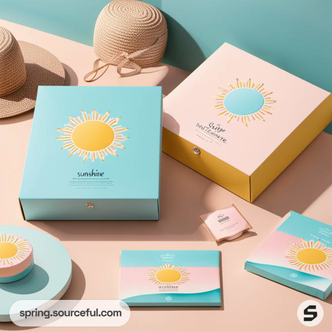 Sun-themed gift boxes and hats with blue and pink packaging on display.