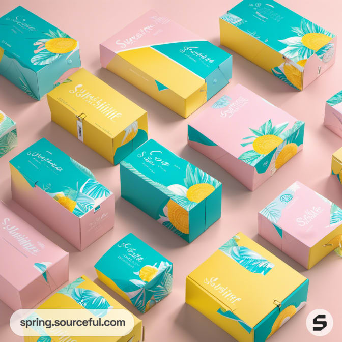 Colorful boxes with tropical designs; blue, yellow, and pink themes with leaf and fruit graphics.