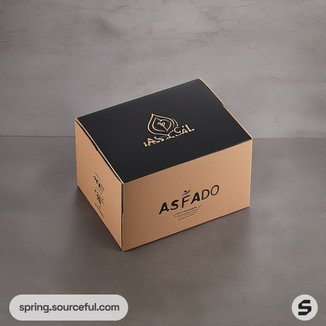 Black and brown cardboard box with flame graphic on side.