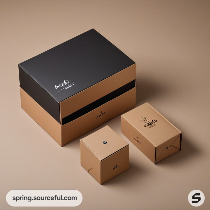 Black and gold box with two smaller brown boxes.