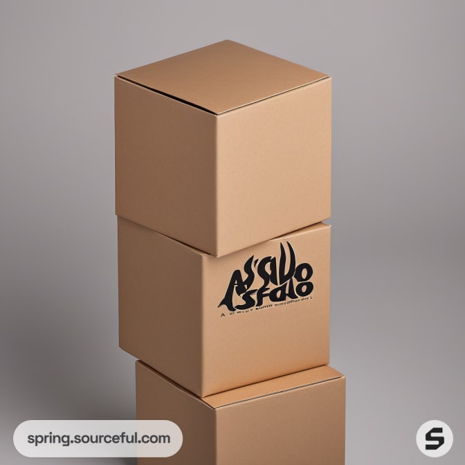 Stack of brown cardboard boxes with black logo.