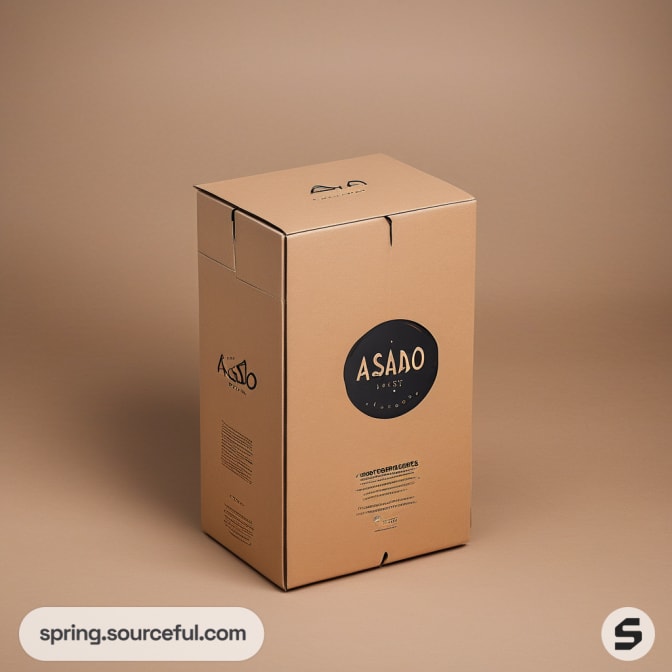 Tall brown cardboard box with dark circular logo.
