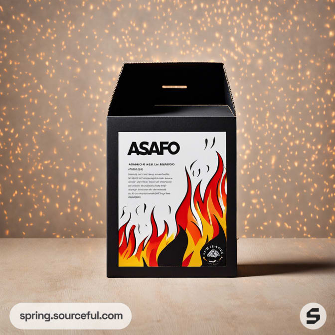 Box with flame design on black background.