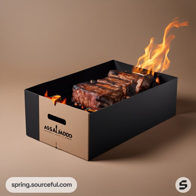 Open box with grilled meat and flames.