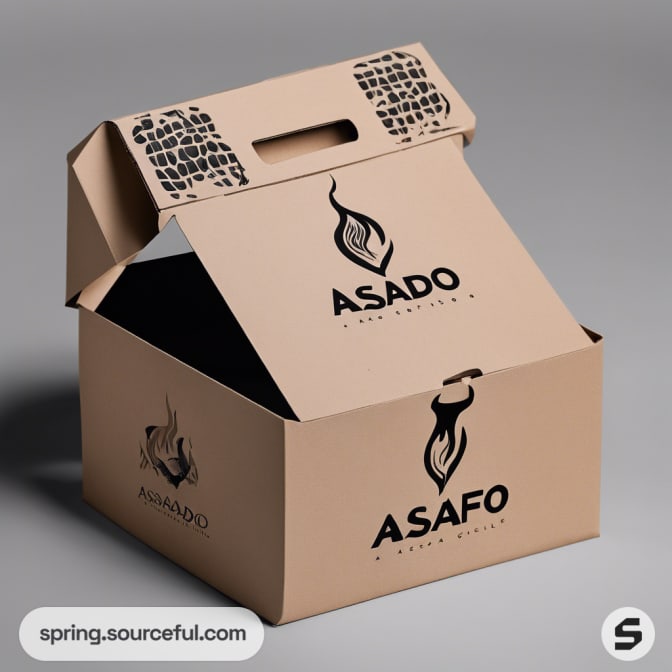 Square cardboard box with black flame logo.