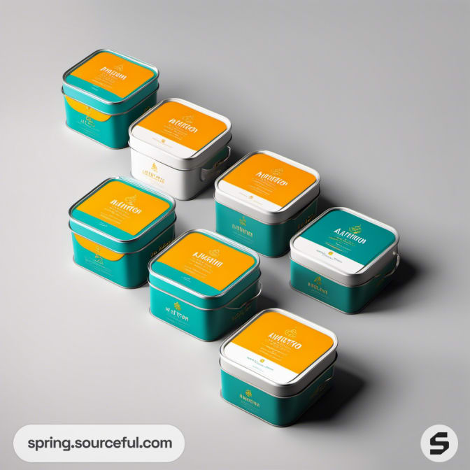 Square tins with orange and teal lids on a gray surface.