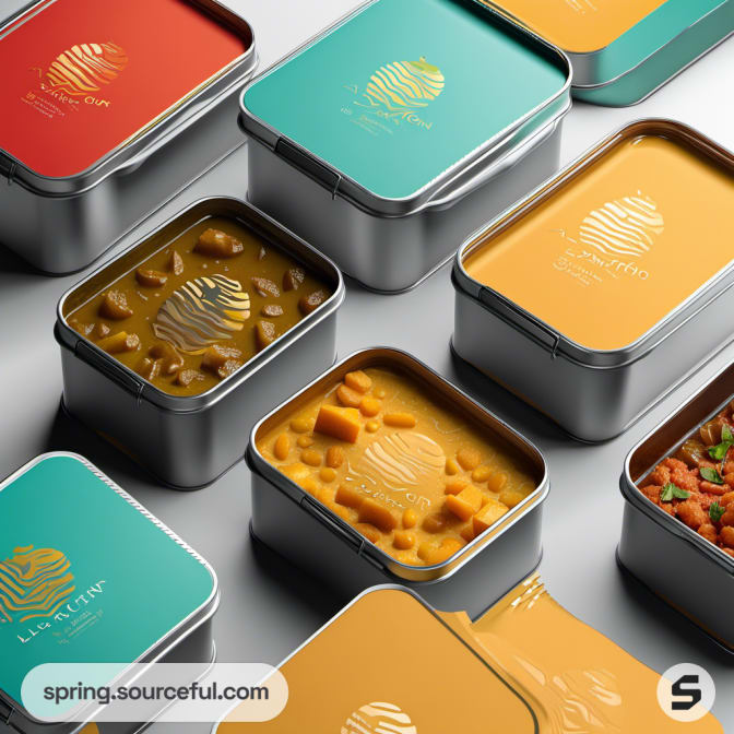 Close-up of rectangular tins with curry dishes inside.