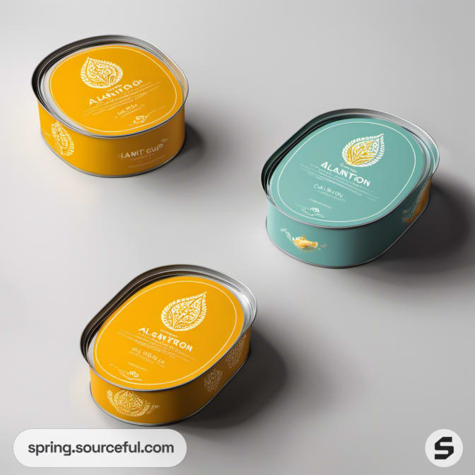 Oval tins with orange and teal lids on a gray surface.