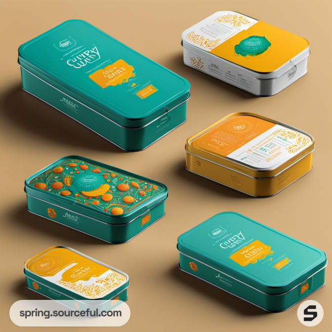 Assorted curry tins with teal and orange designs.