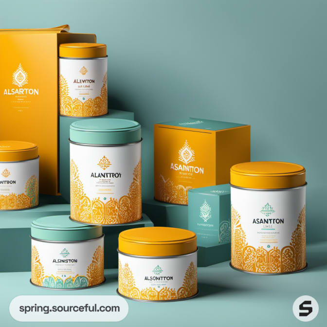Cylindrical tins and boxes with intricate patterns.