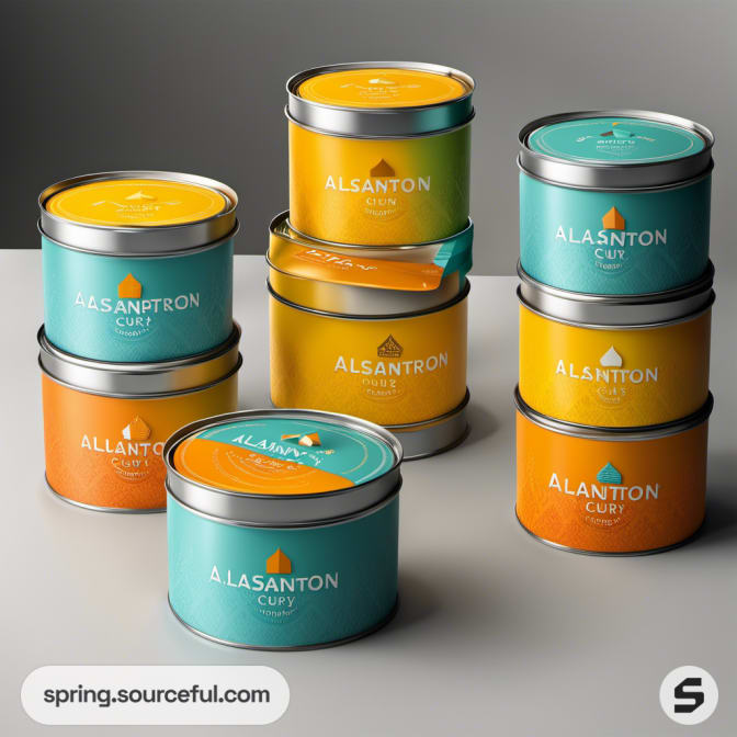 Stacked cylindrical tins with different colored labels.