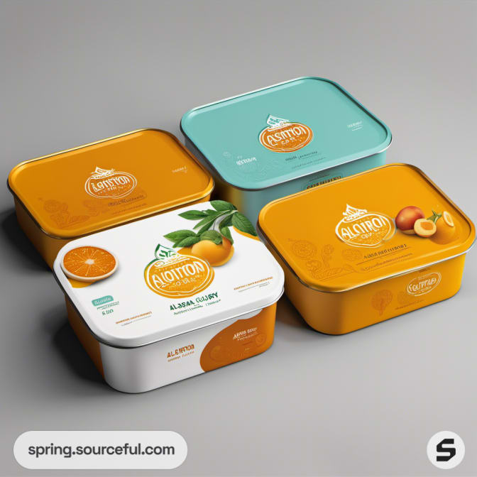 Rectangular tins with fruit illustrations on lids.