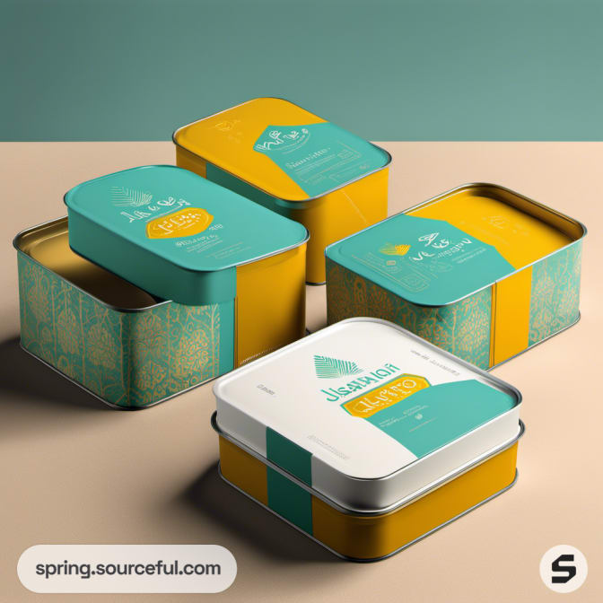 Teal and yellow rectangular tins on a two-toned background.