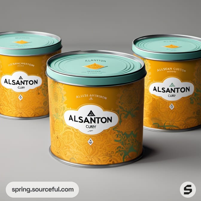 Large cylindrical tins with orange and teal designs.