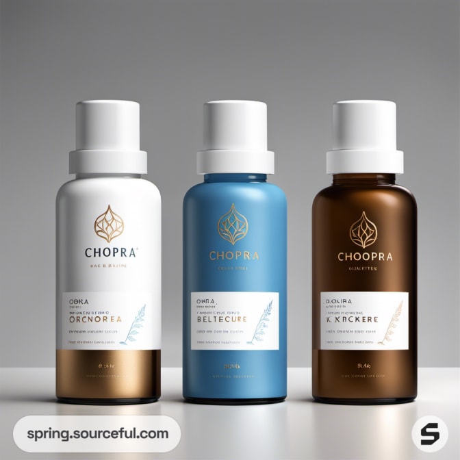 Blue, white, and bronze bottles with white caps, elegant labels.