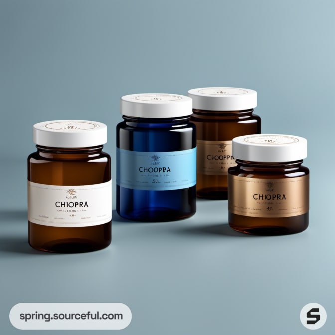Four amber and blue jars with white lids on blue surface.