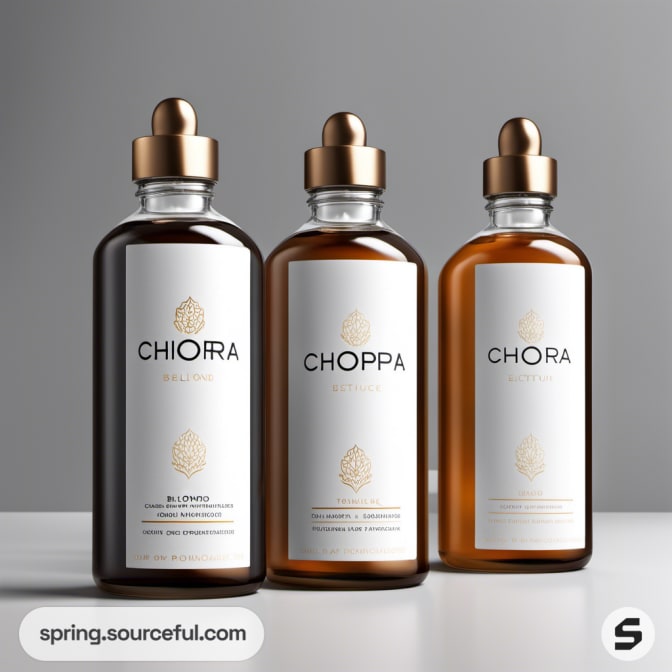 Three glass dropper bottles with sleek gold and white labels.