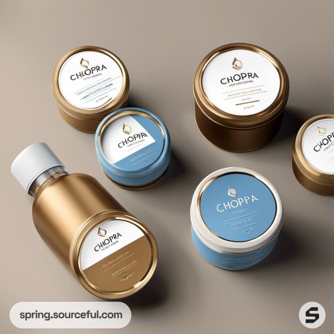Gold and blue round tins and a bottle with elegant labels.