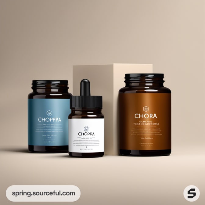 Amber jars with black lids and dropper, minimalist labels.