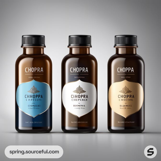 Brown bottles with ornate black, blue, and gold labels.