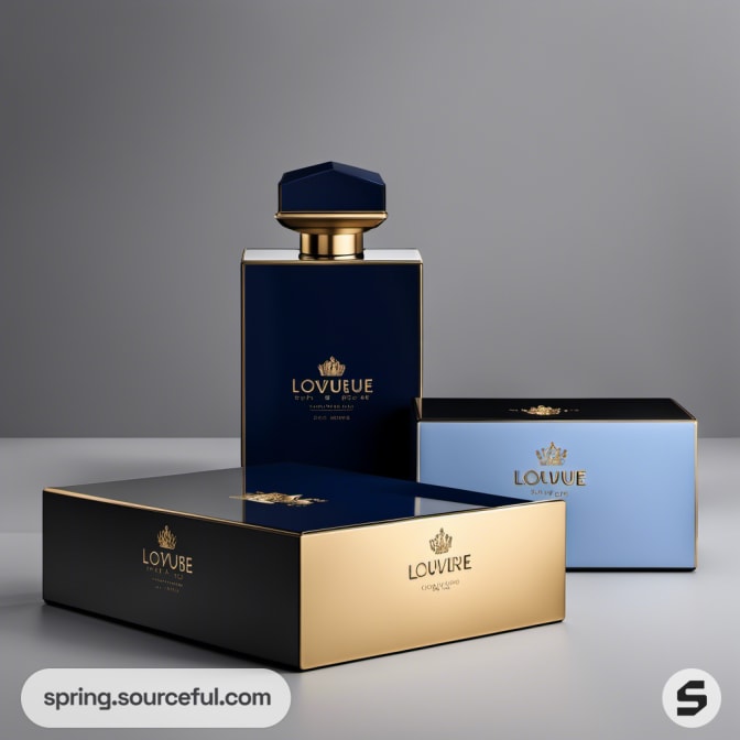 Luxurious dark bottles with gold accents in elegant packaging.