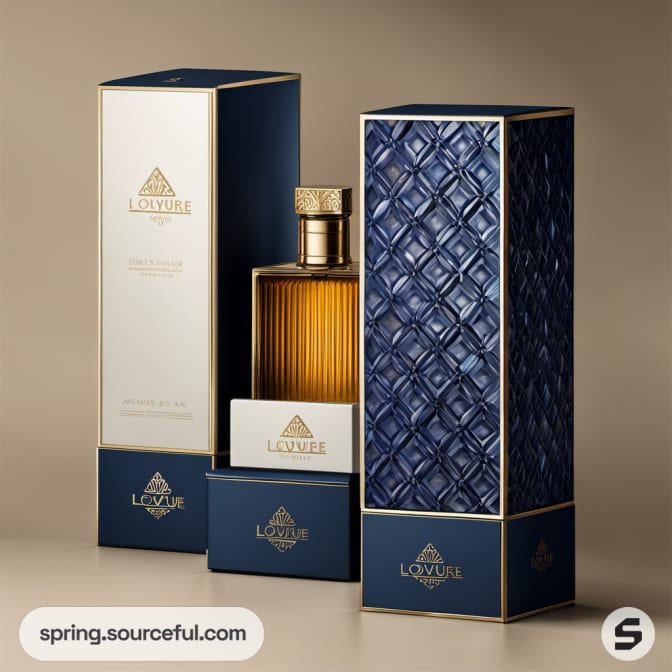Blue and gold bottles with intricate patterns and lids.