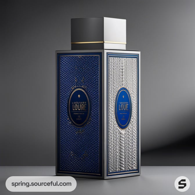 Elegant blue and silver bottle with detailed embossed design.